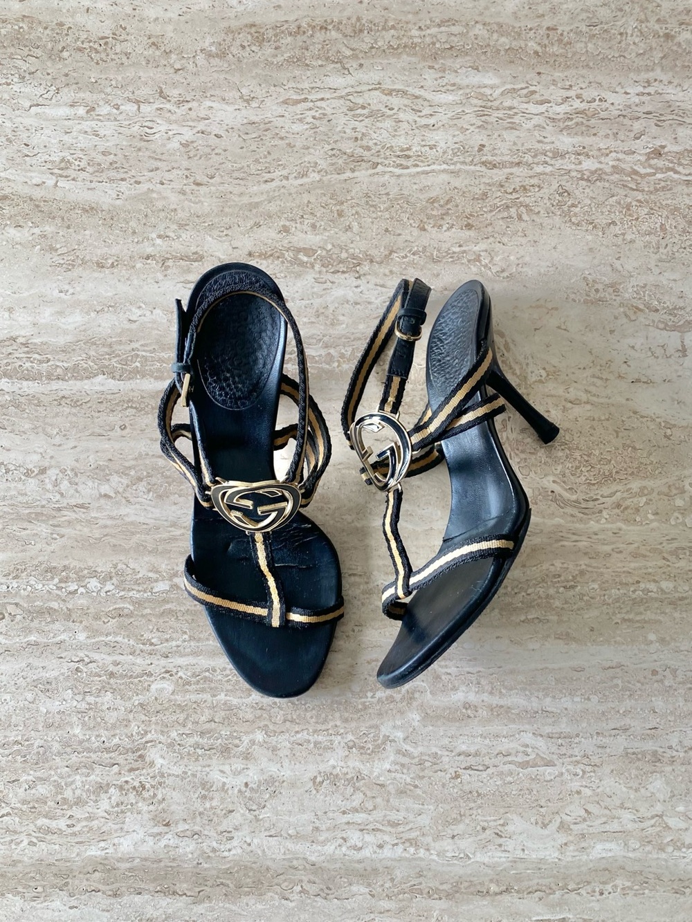 Vintage Gucci GG Stripe Cloth Strap Sandal Heels